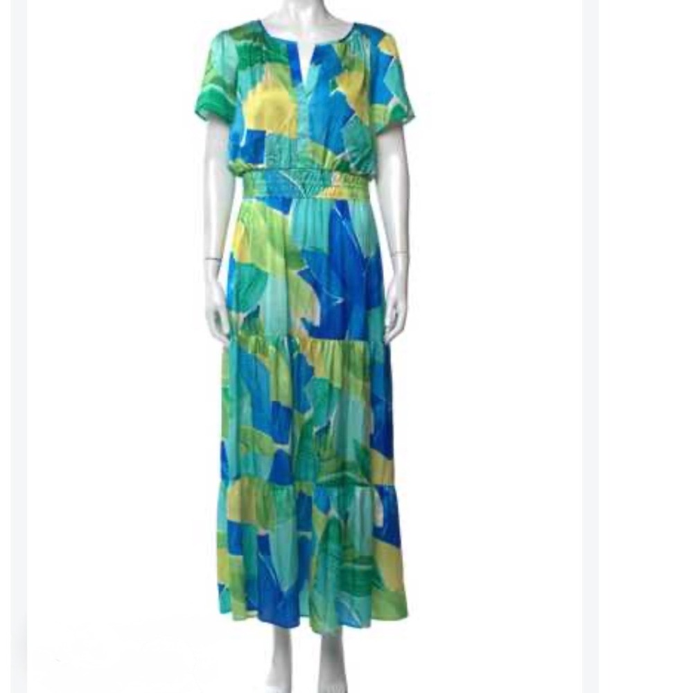 Nicole Miller New York Tropical Floral Smocked Maxi Dress Blue Green Yellow XS